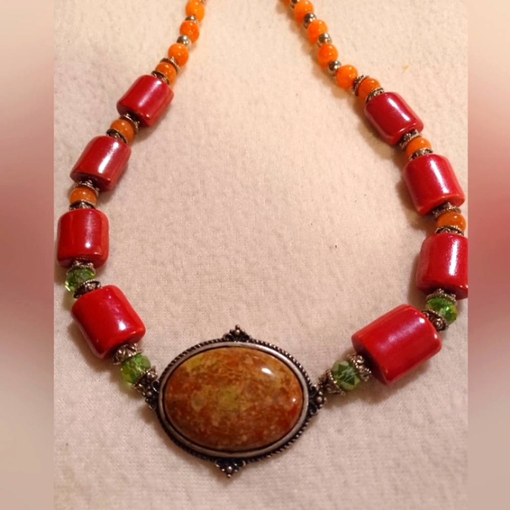 Coral Glass Beads, Statement Necklace